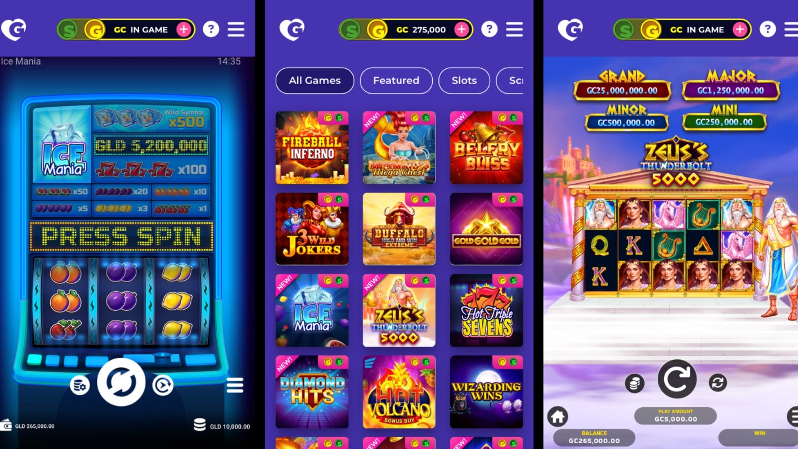 Screenshots of the Golden Hearts Games app interface showing various slot games. The first screen displays a slot machine game called 'Ice Mania', the second screen shows a selection of different games including 'Fireball Inferno' and 'Buffalo Gold', and the third screen features the game 'Zeus's Thunderbolt 5000' with jackpot amounts displayed at the top.